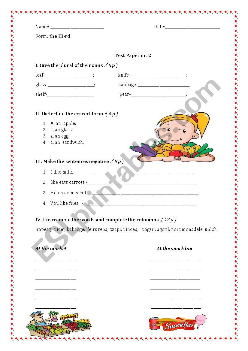 Test Paper nr. 2, 3 form worksheet