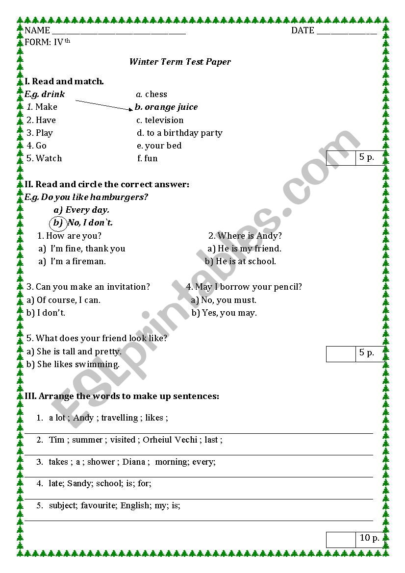 Winter Term Test Paper, 4 form