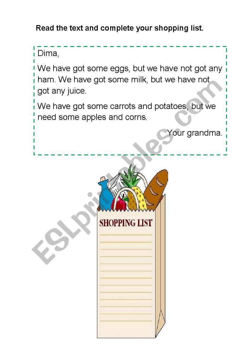 shopping list worksheet