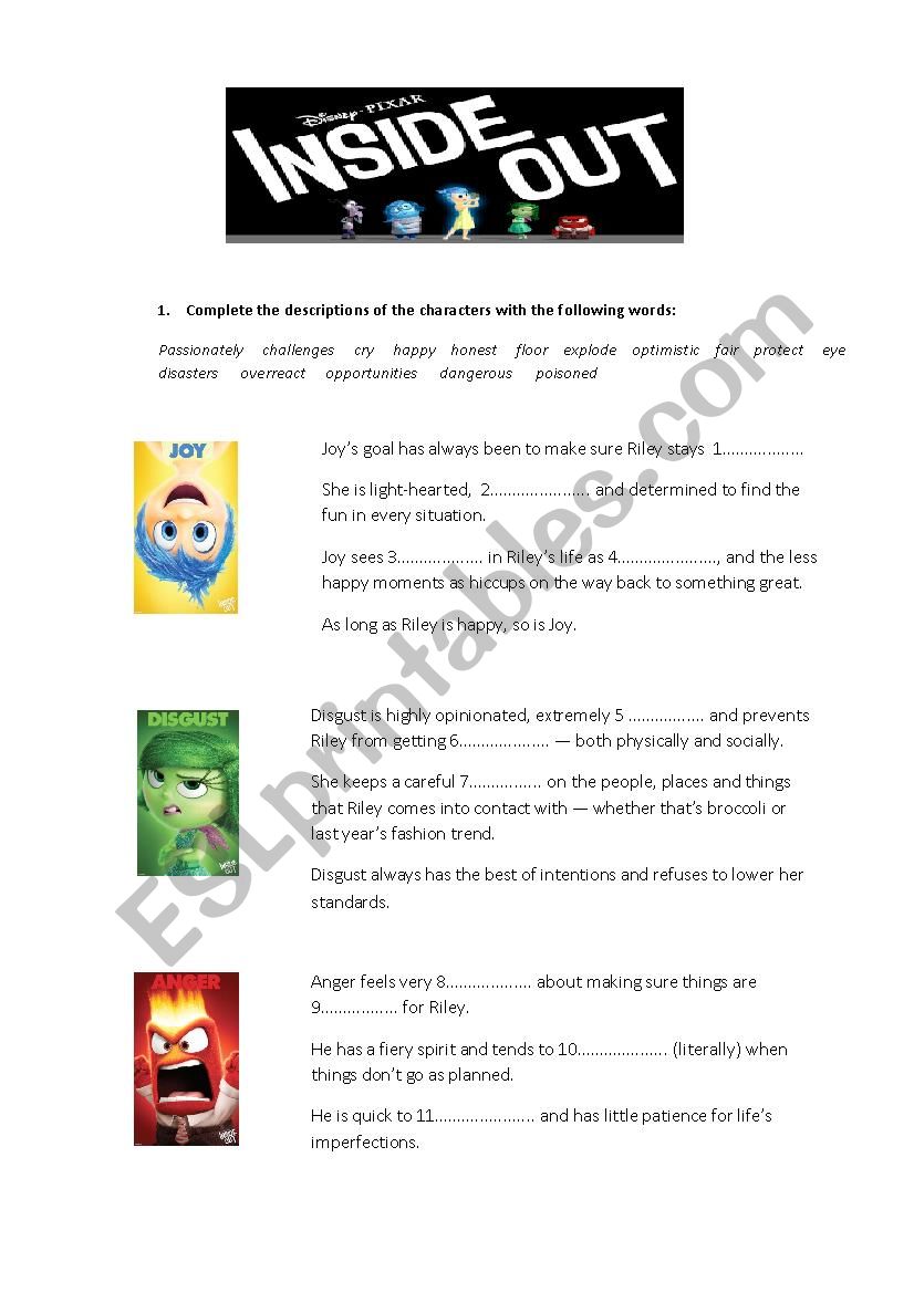 Inside Out Pixar Movie worksheet