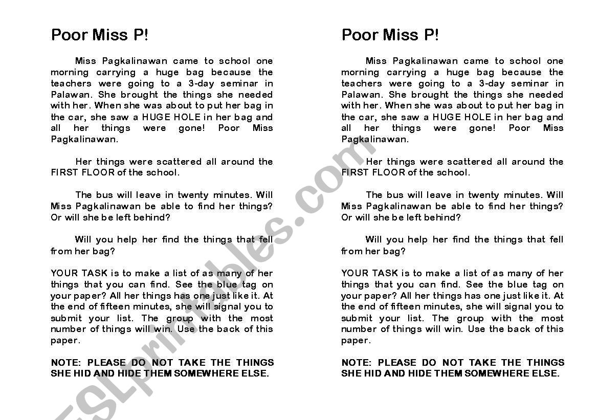 Noun Hunt: Poor Ms. P! worksheet
