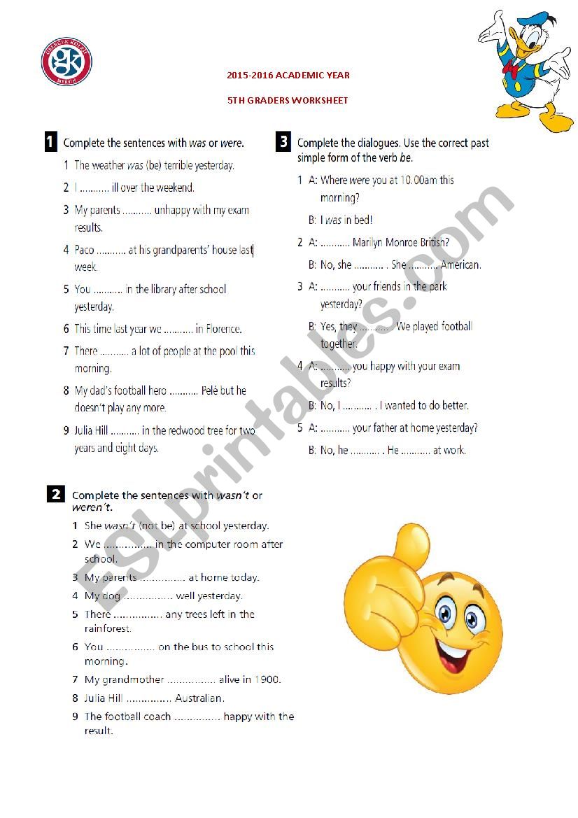 WAS-WERE ELEMENTARY WORKSHEET worksheet