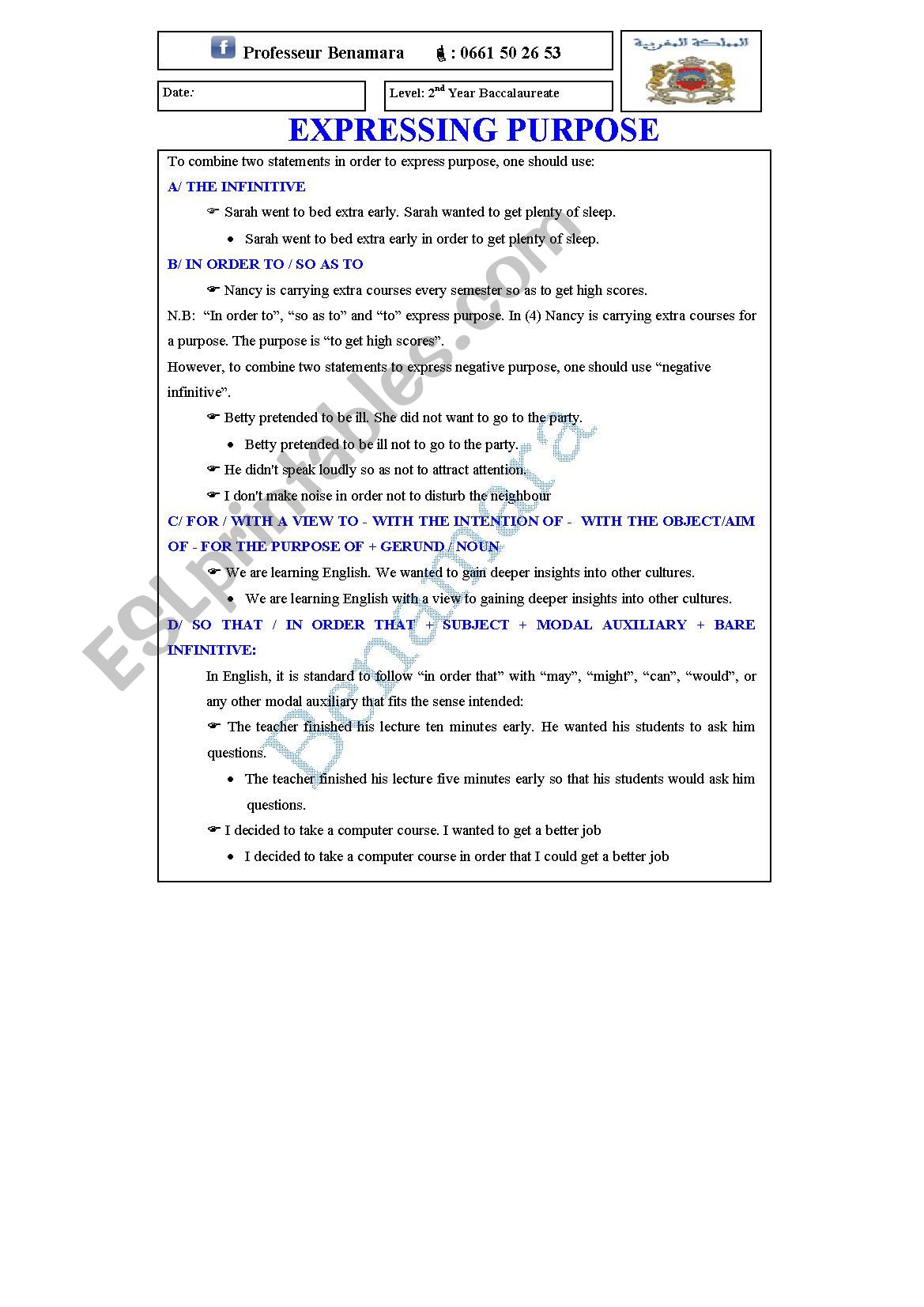 Expressing Purpose worksheet