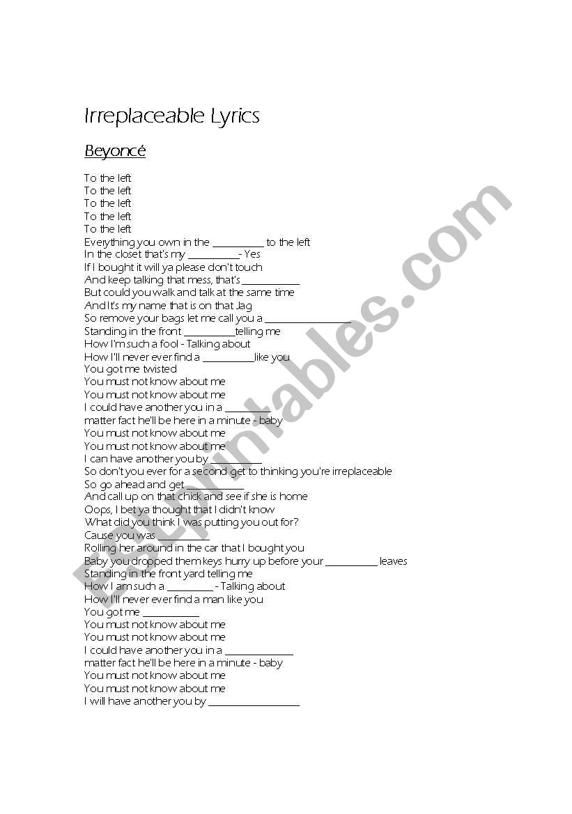 Irreplacable Beyonce worksheet