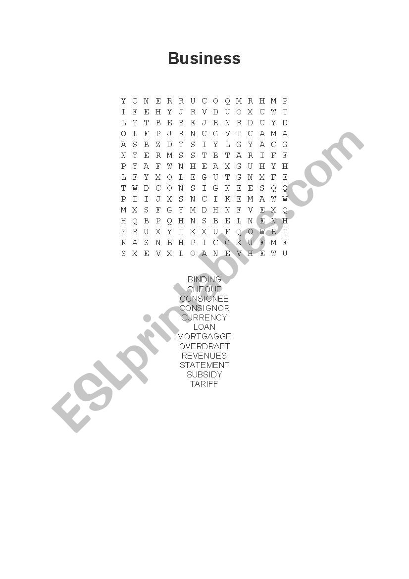 Business Wordsearch worksheet