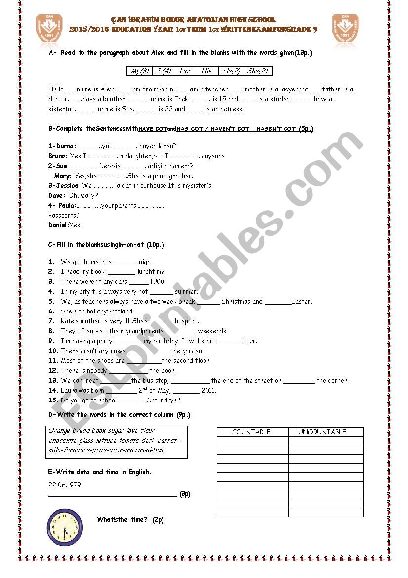 test for elementary classes written exam