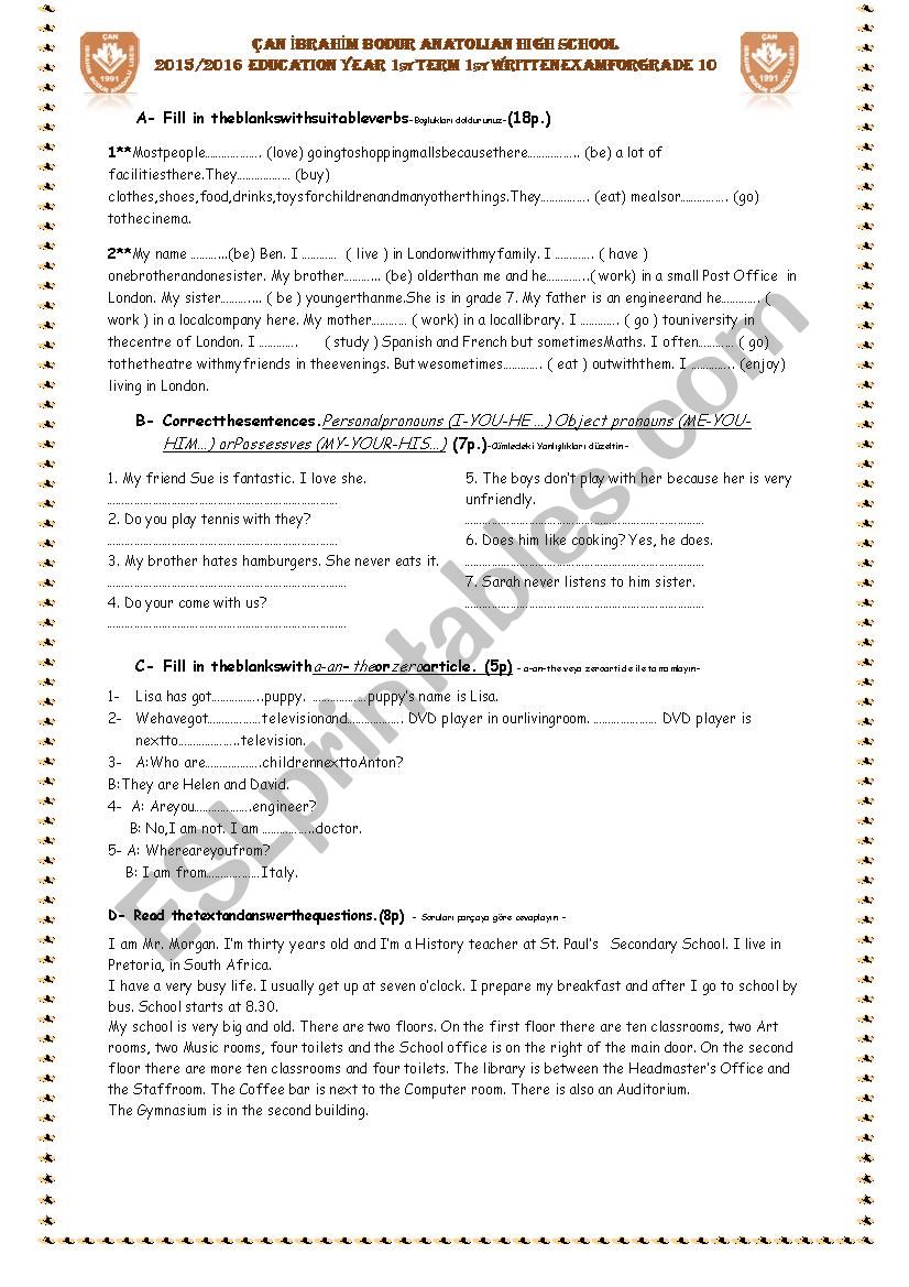 test for A2 level elmntry worksheet