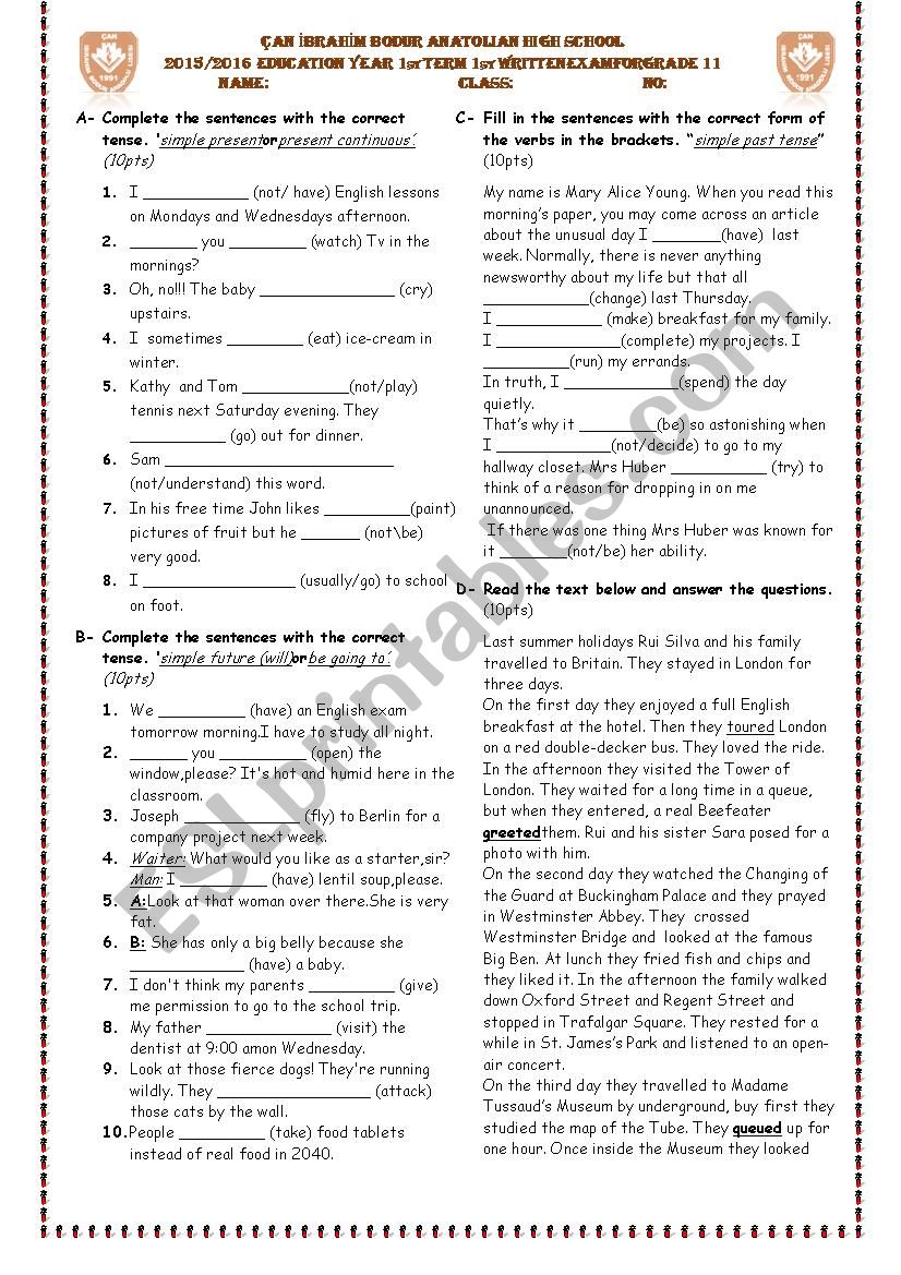 test for A2.1 level elmntry worksheet