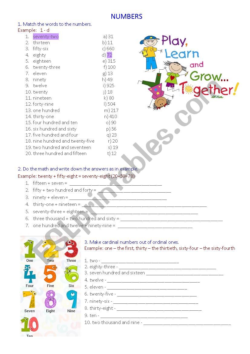 Numbers. Exercises worksheet