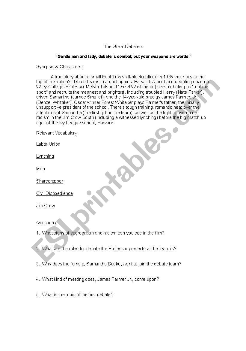 The Great Debaters - movie worksheet