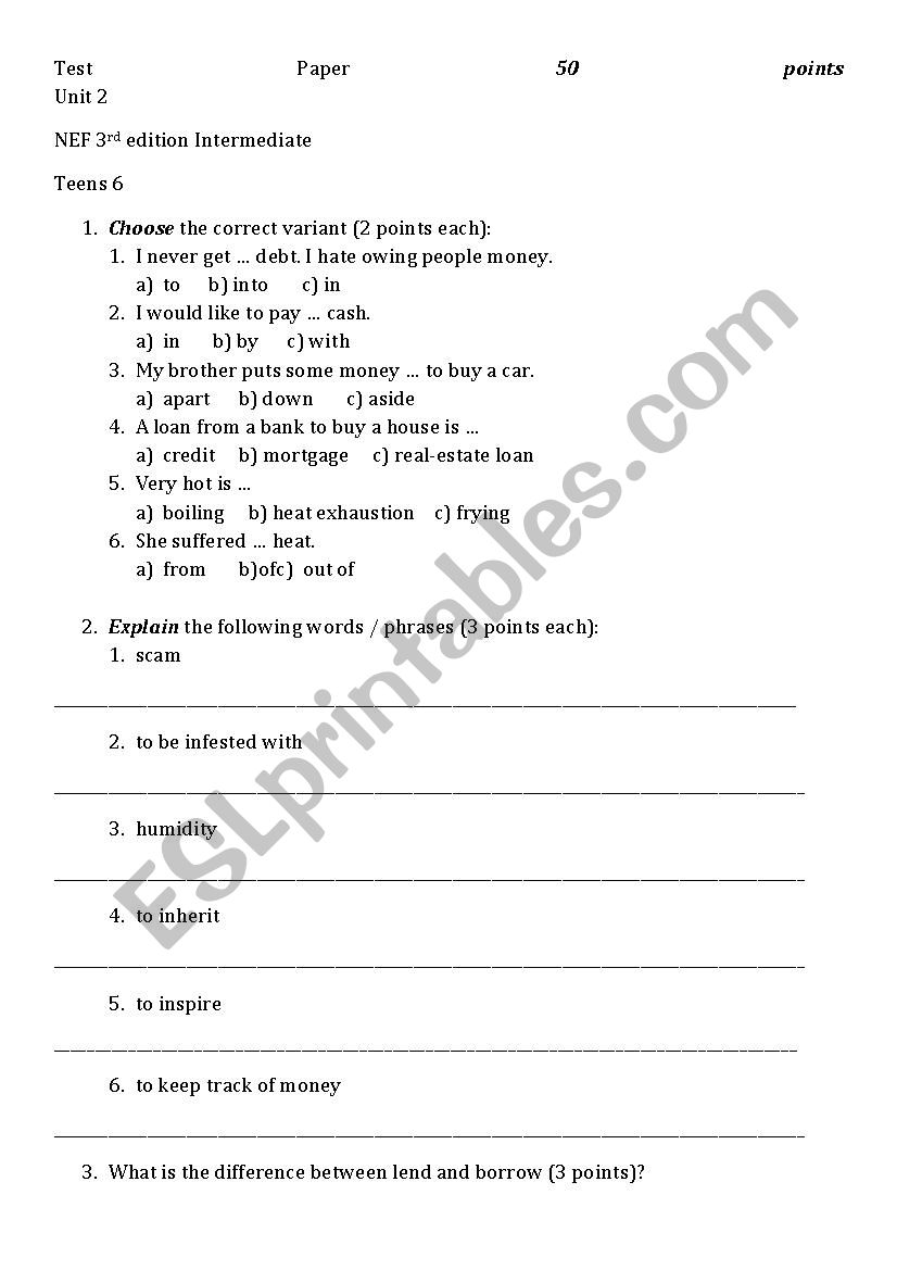 Test Unit 2 New English File 3rd edition Intermediate 