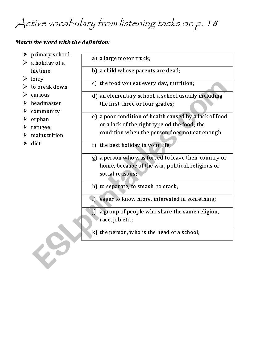 Active vocabulary worksheet for p. 18 English File Intermediate 3rd edition 