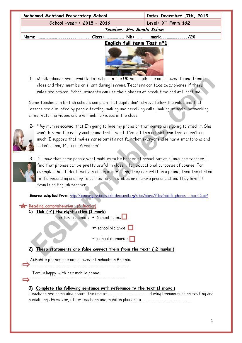 full term test nÂ° 1 9th form worksheet