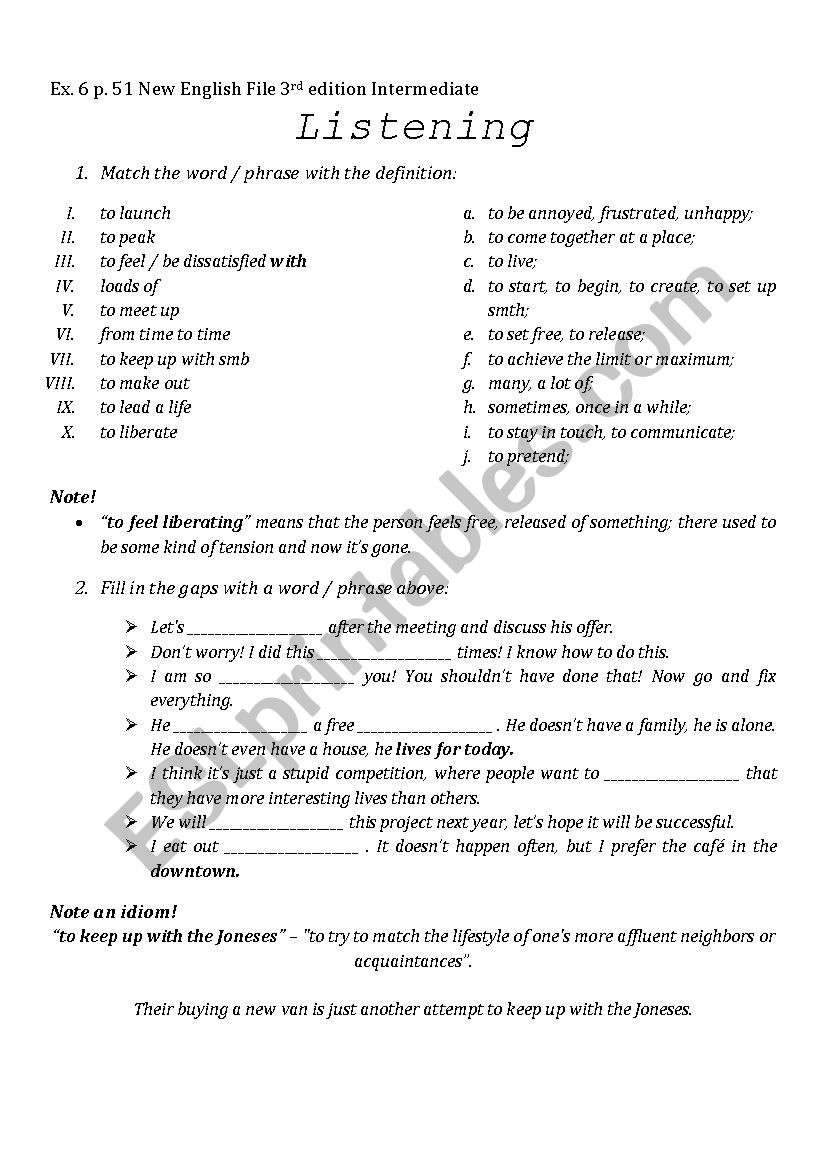 Active vocabulary worksheet for p. 51 Ex. 6 English File Intermediate 3rd edition