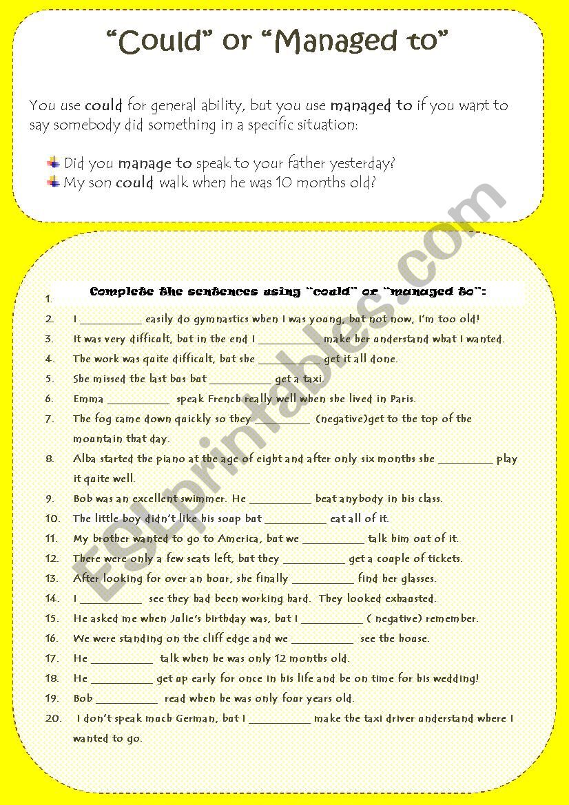 COULD or MANAGED TO worksheet