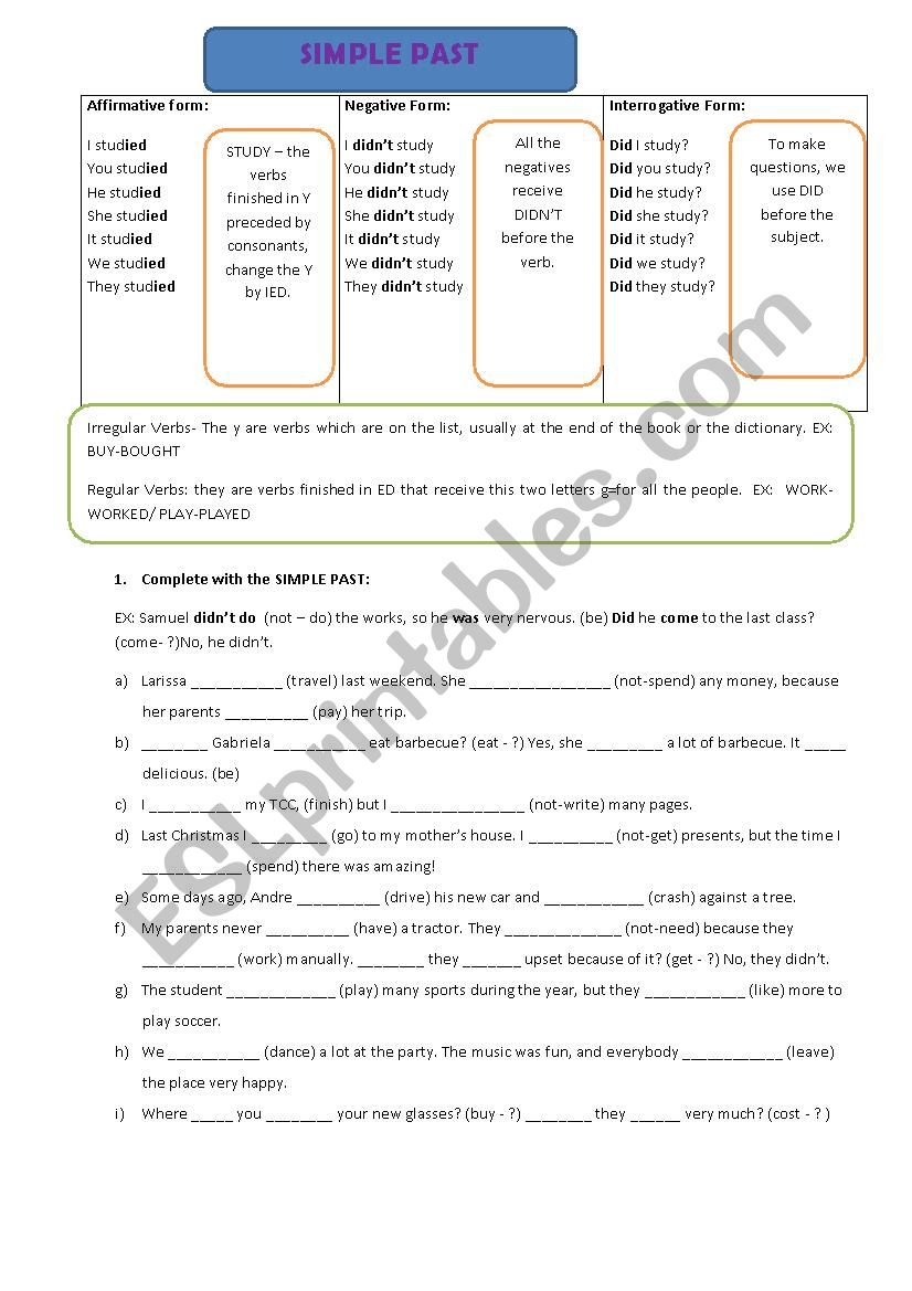 SIMPLE PAST TENSE worksheet