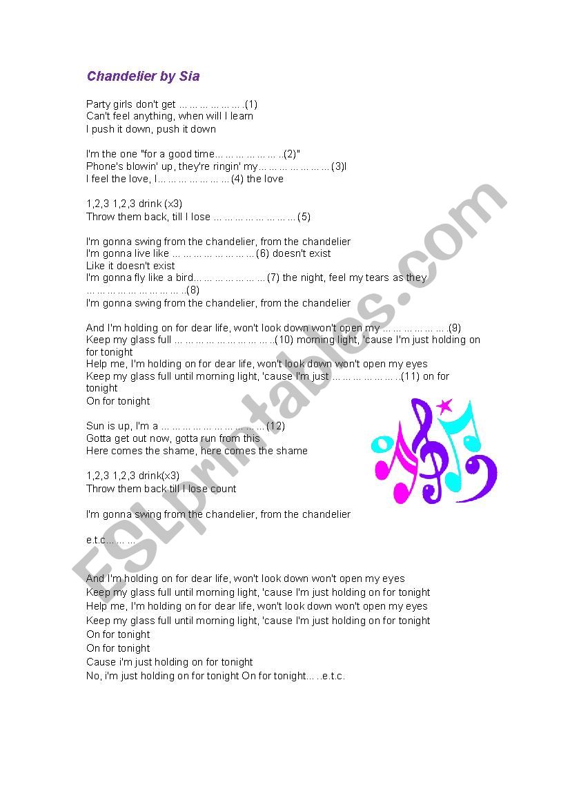 Chandelier by Sia worksheet