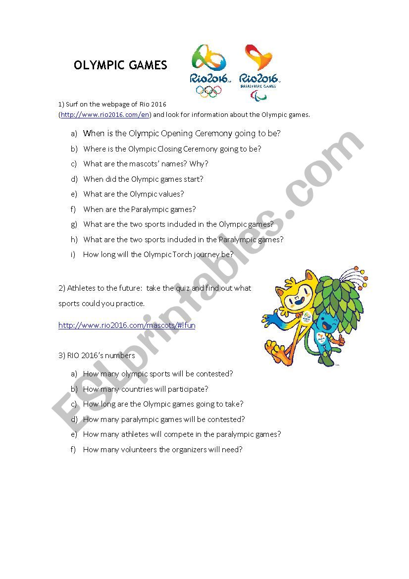 Olympics Rio 2016 worksheet