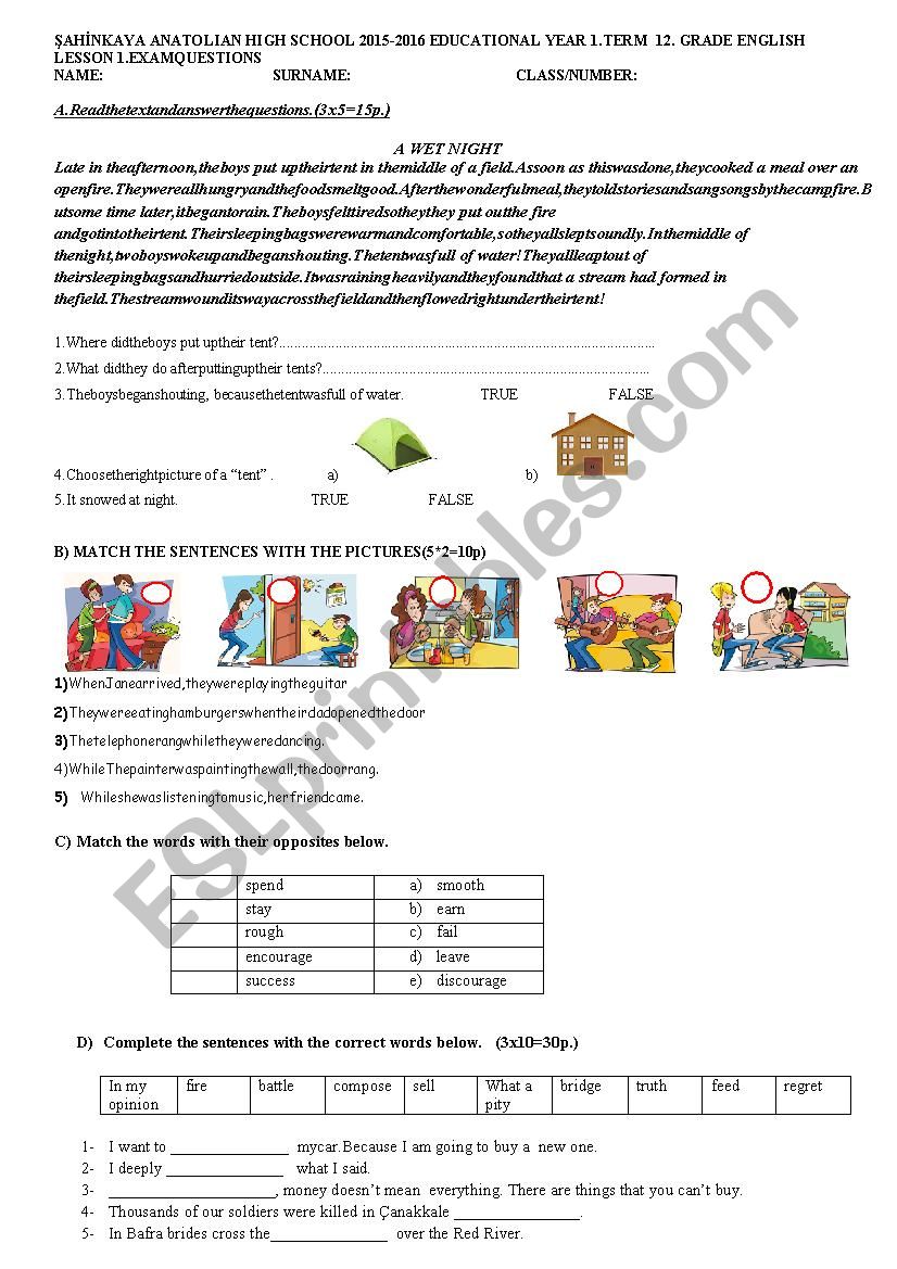 exam for 12th grade worksheet