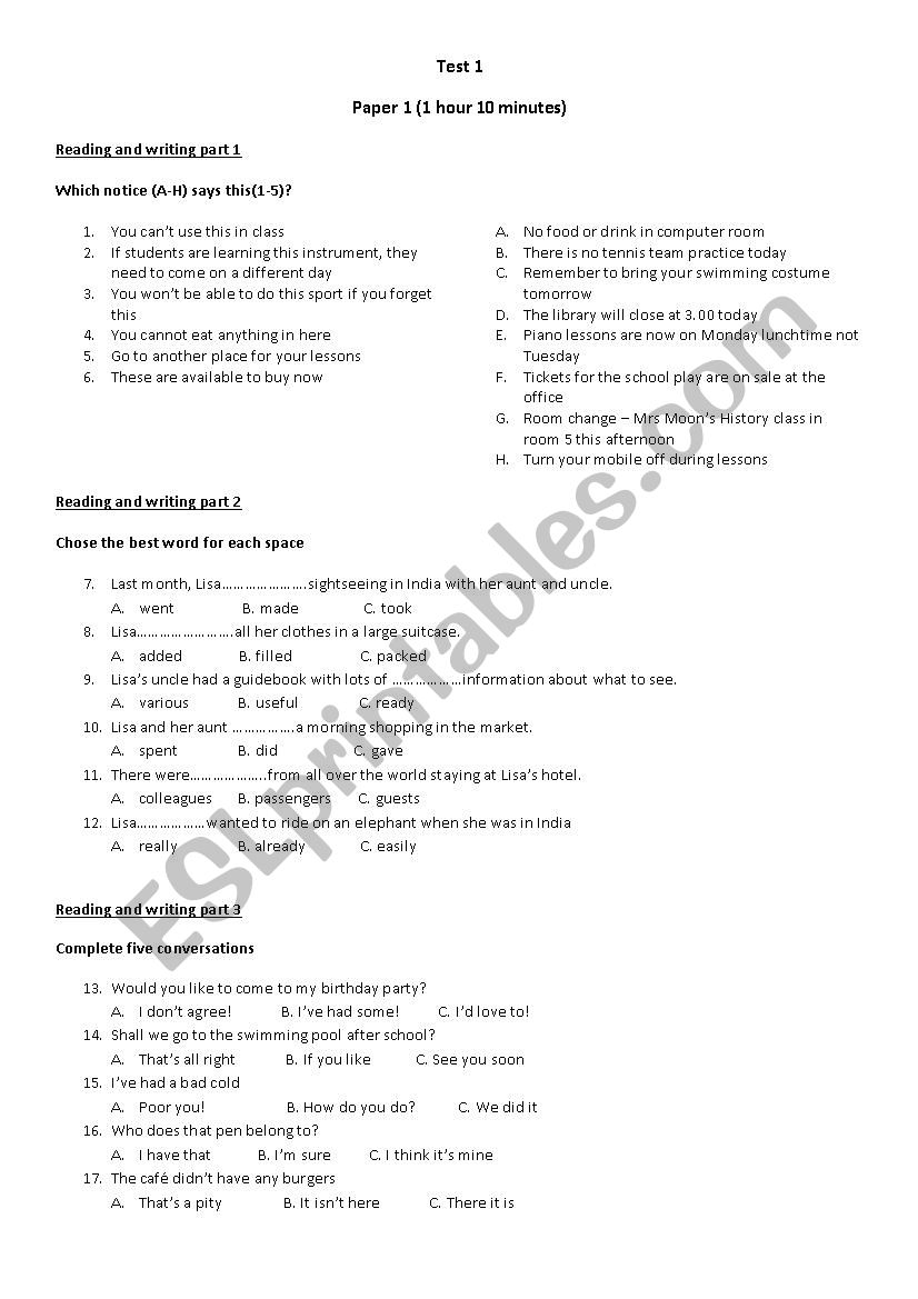 KET preparation reading and writing (4 pages)