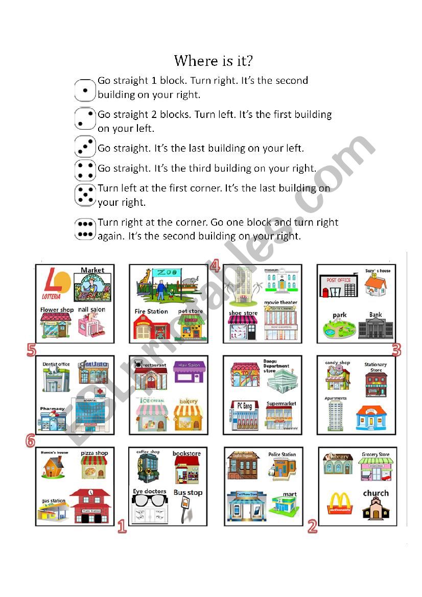 Directions Dice Game worksheet