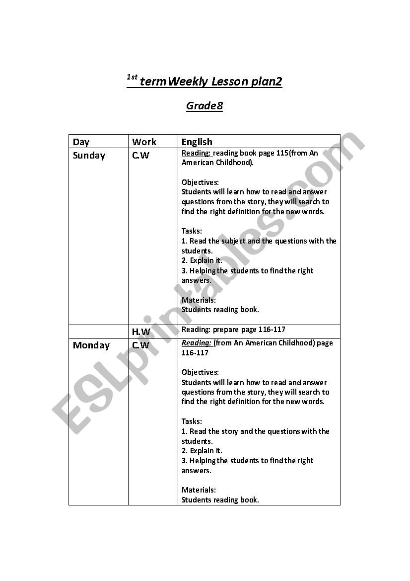 Weekly Lesson plan g8 worksheet