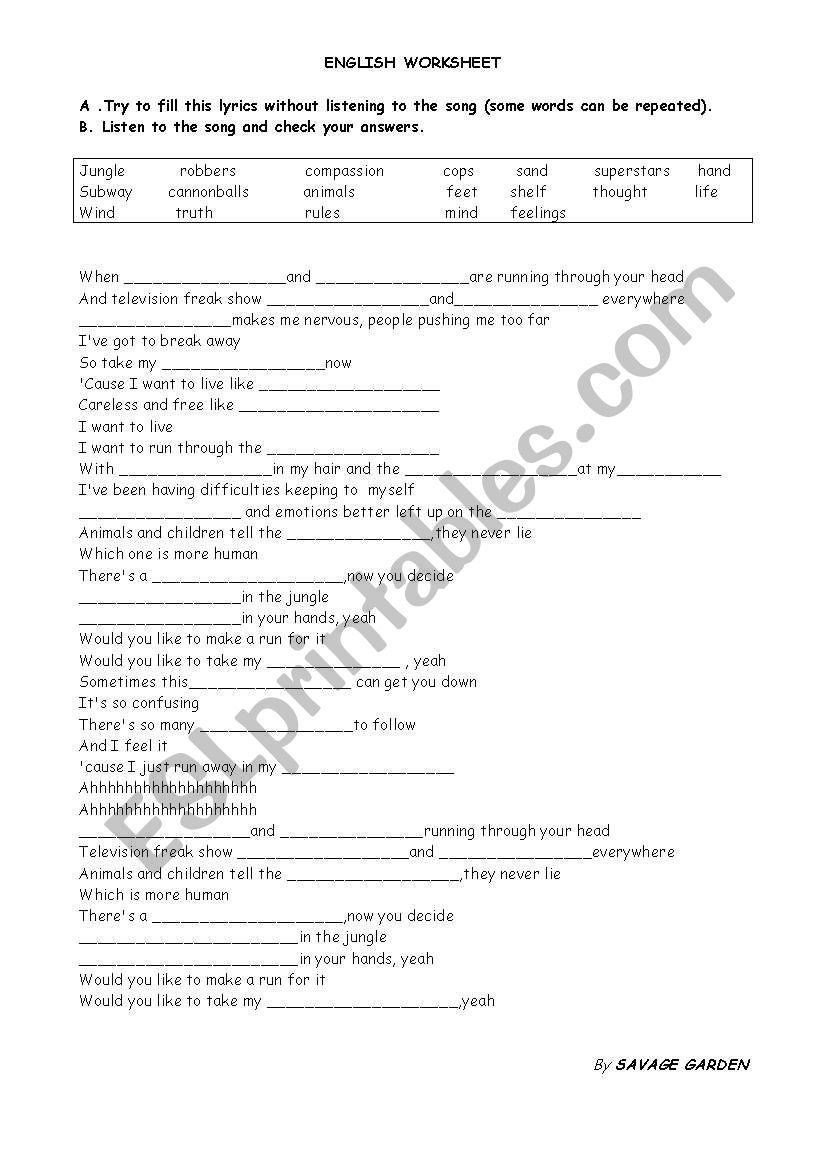 The Animal Song Savage Garden Esl Worksheet By Helena Lestre