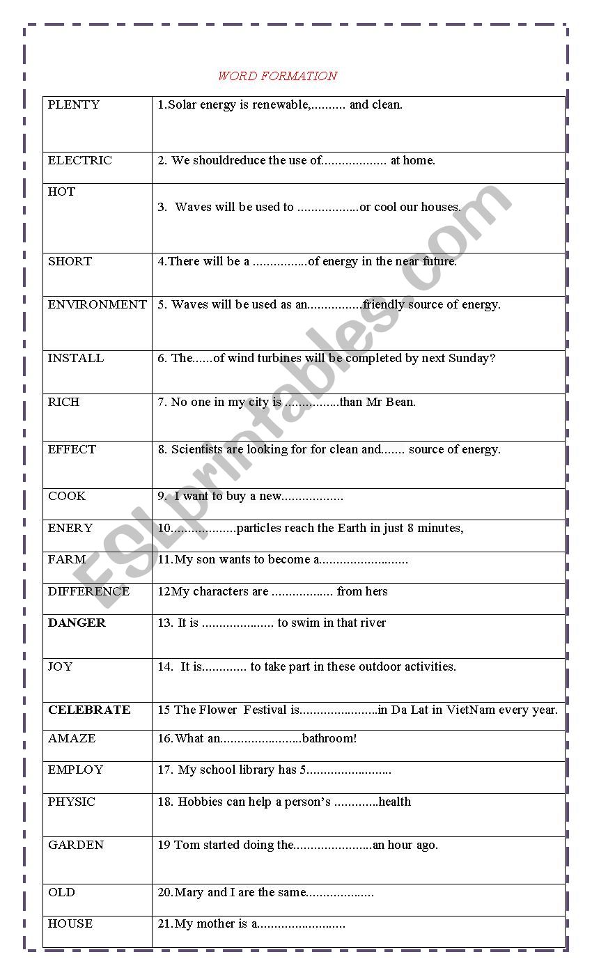 word formation worksheet