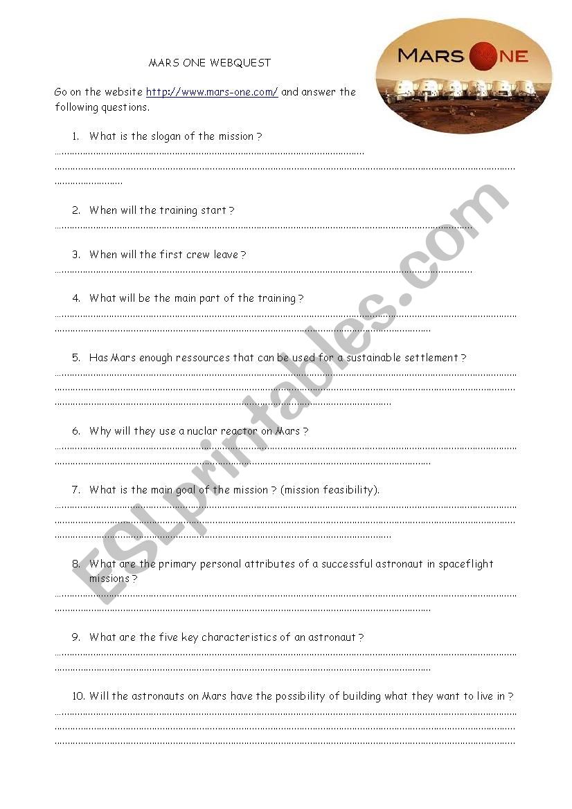 Mars One Webquest worksheet