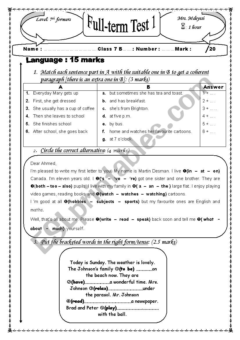 End of term test 1 worksheet