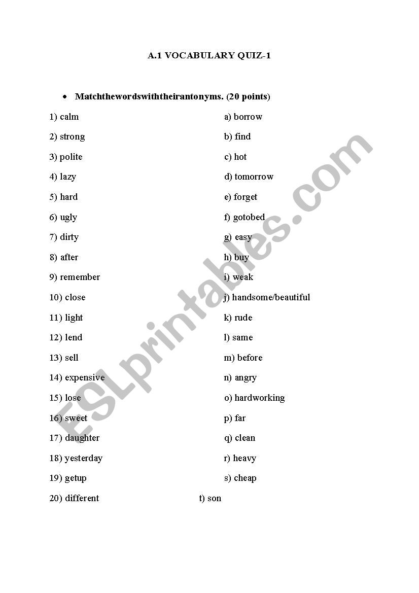 vocabulary quiz for a1 classes