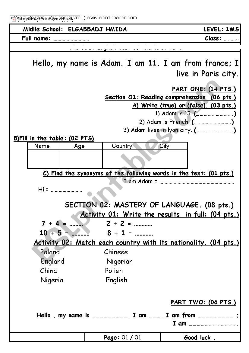 ENGLISH TEST worksheet