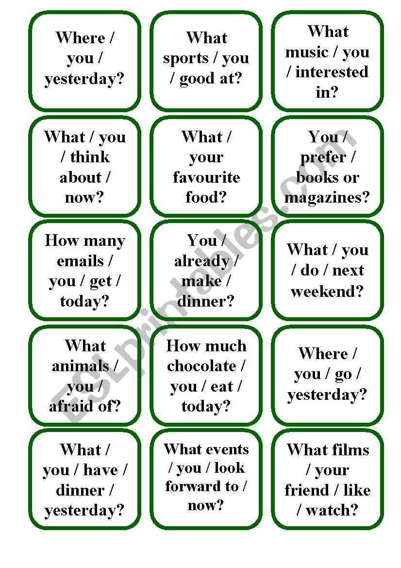 Question Cards (Present Simple/Continuous, Past Simple and Present Perfect)