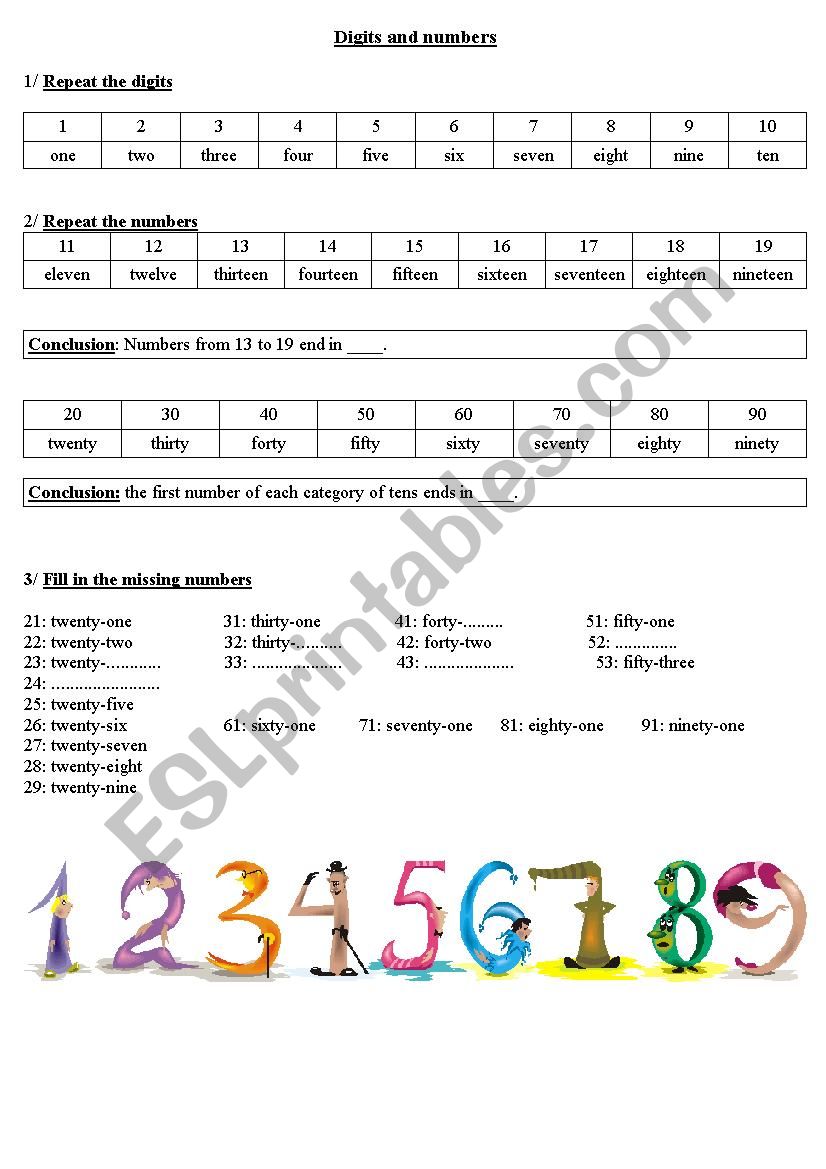 Digits and numbers worksheet