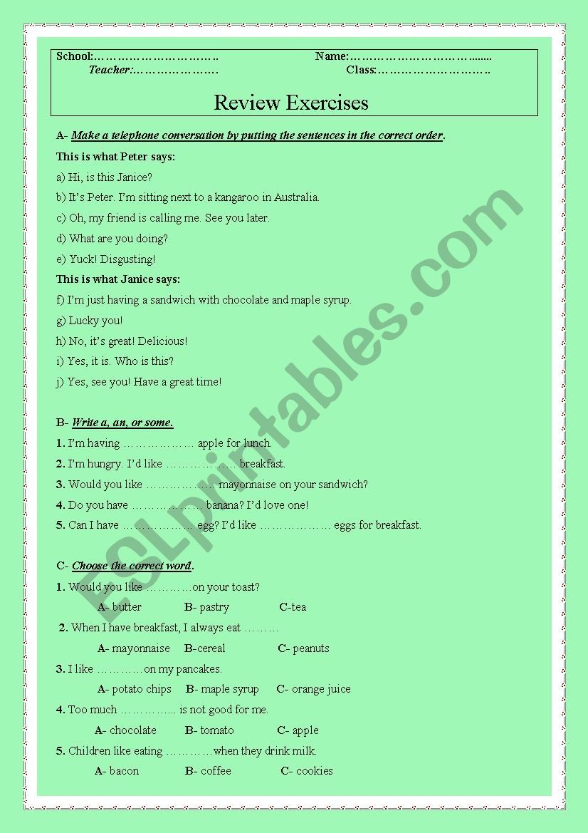 Review exercises worksheet