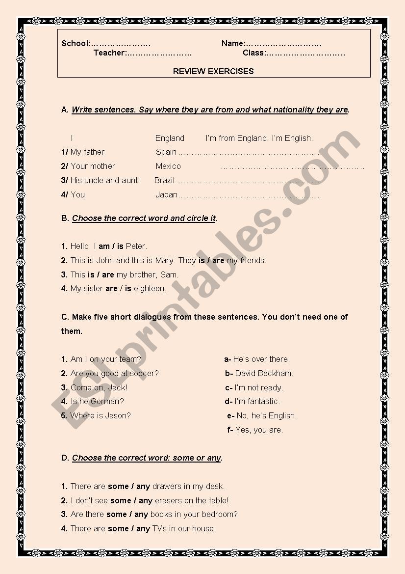 Review exercises  worksheet