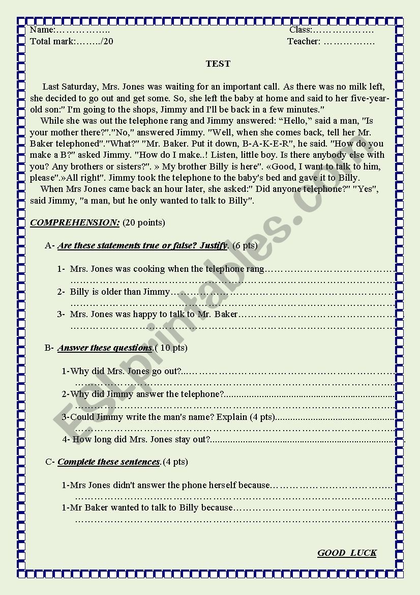 Reading Comprehension worksheet