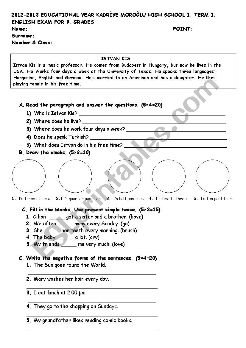 written exam for 9th grades worksheet