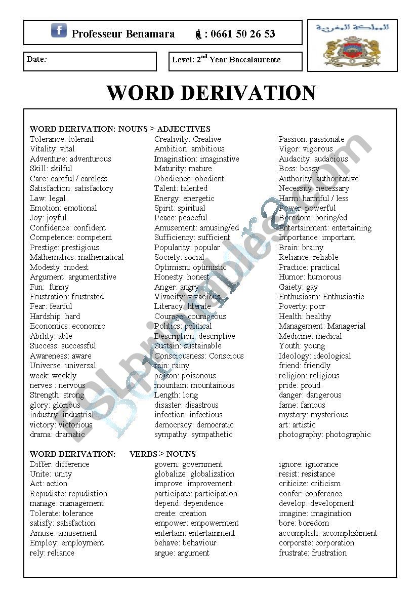 word derivation: nouns to adjectives and verbs 
