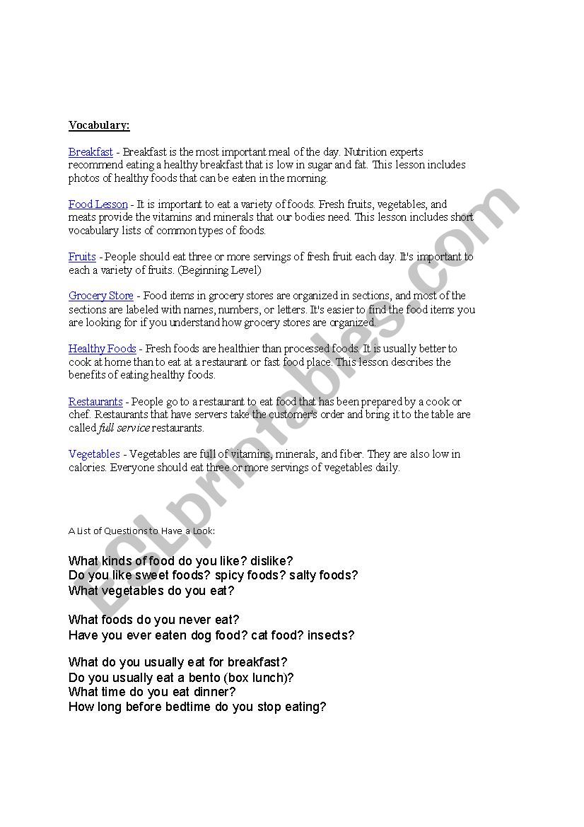 Food Vocabulary worksheet