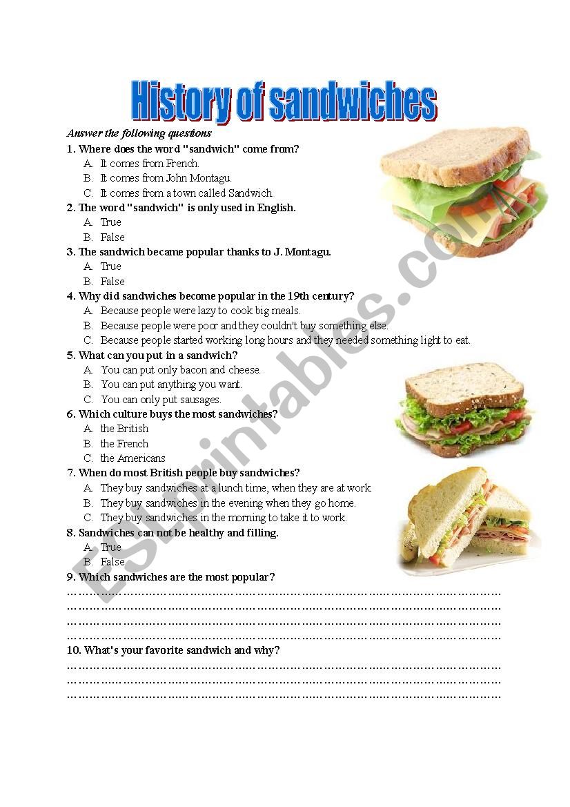 History of sandwiches worksheet
