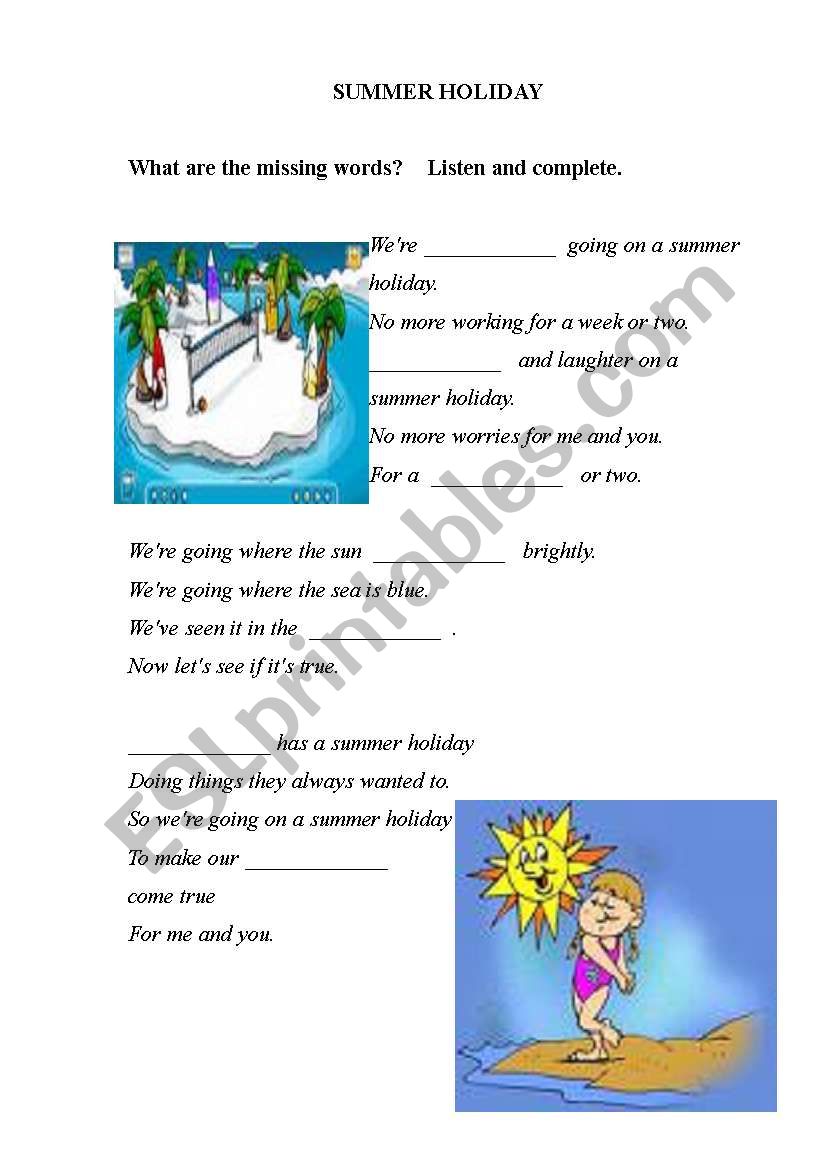 SUMMER HOLIDAY - song by Cliff Richard worksheet + video link + key