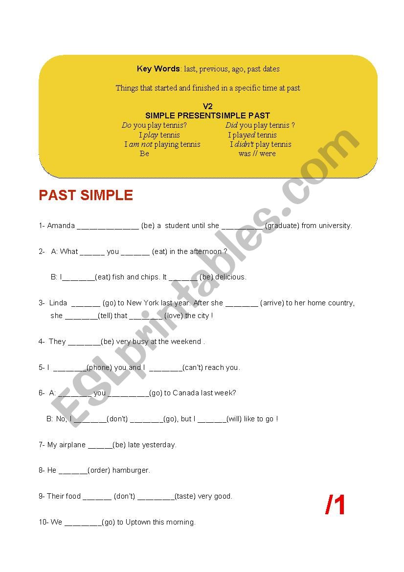 Past Simple and Irregular and Regular Verbs Exercise