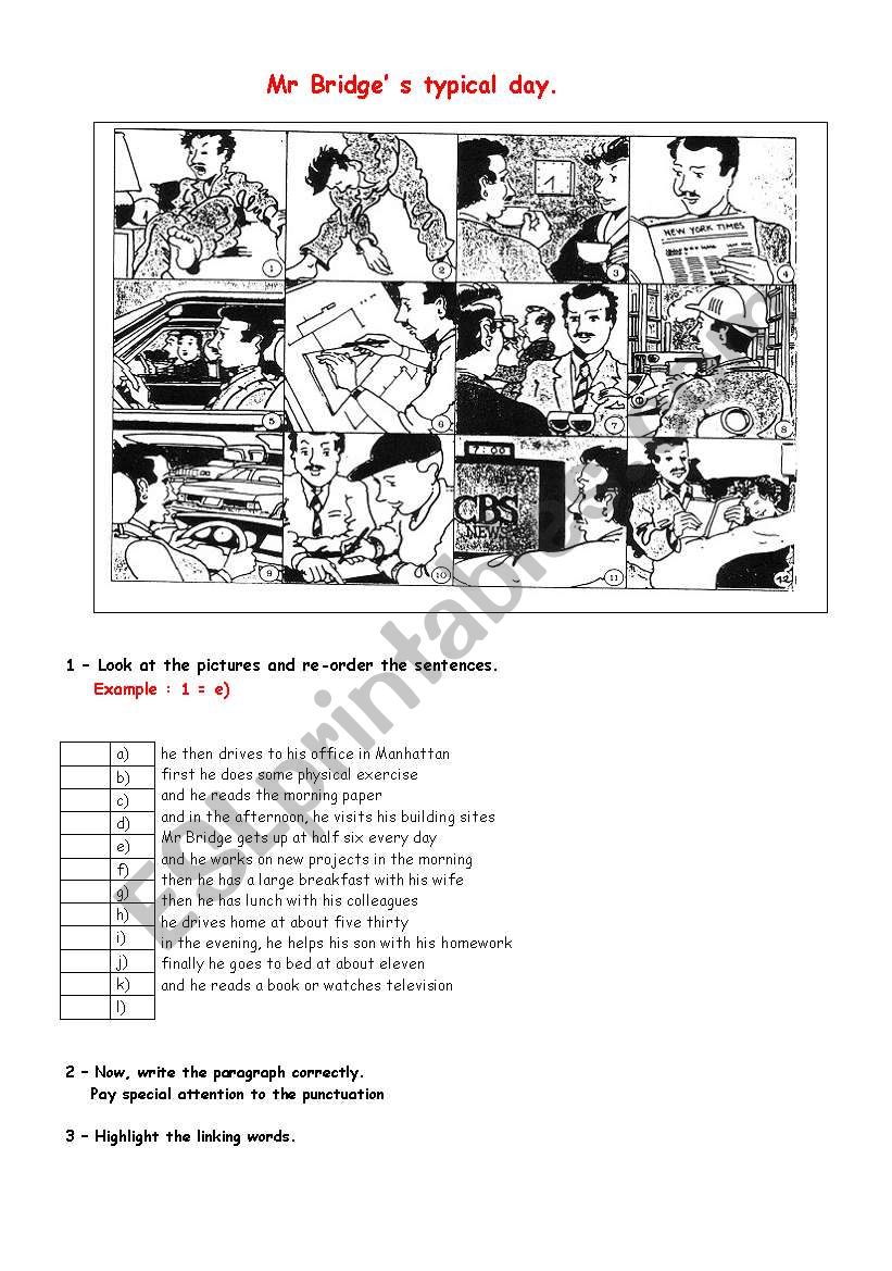 Mr Bridges typical day worksheet