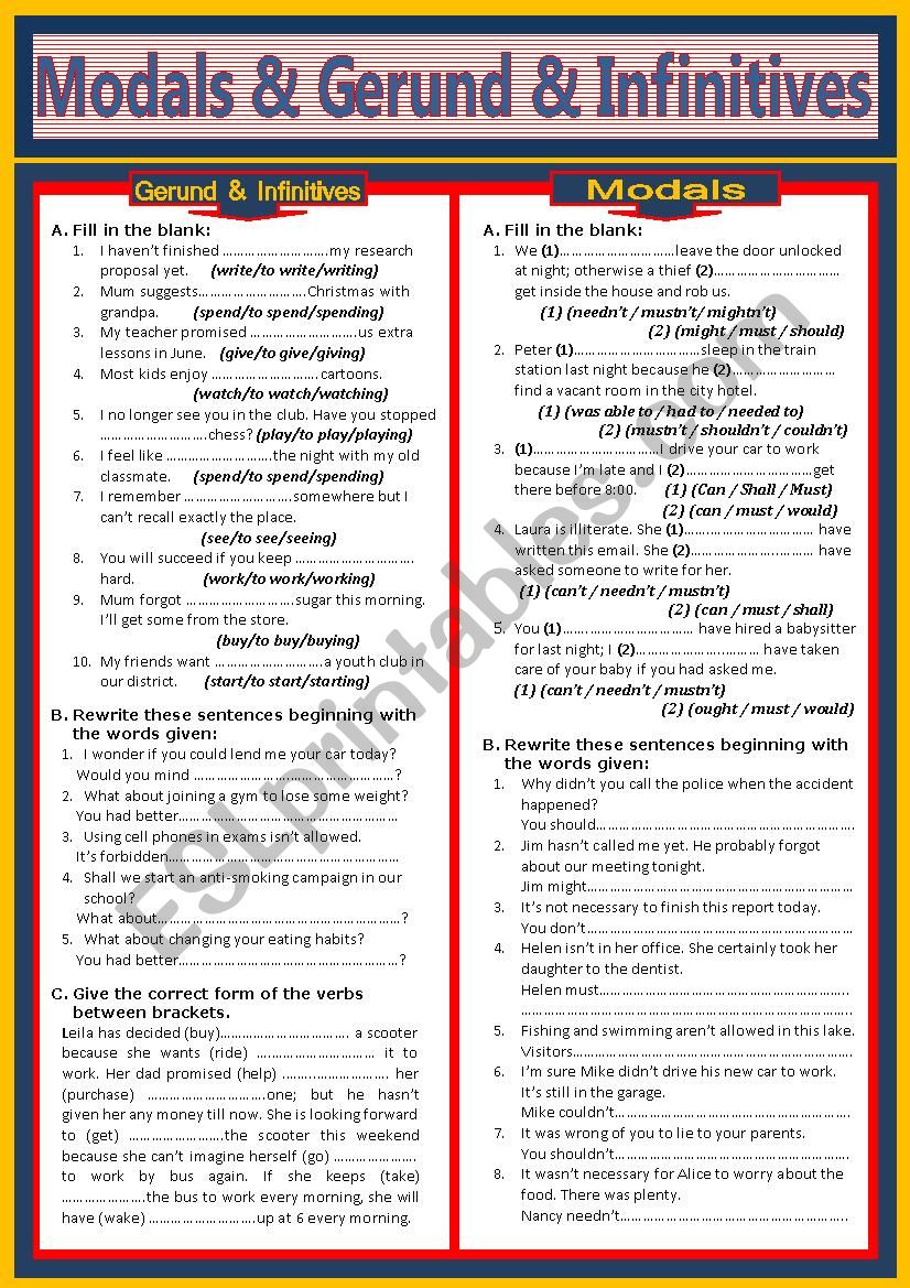 Gerund & Infinitives & Modals worksheet