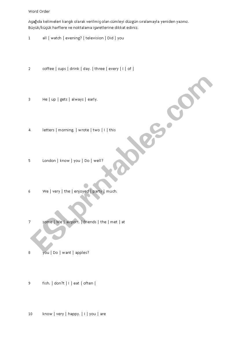 English word order exercise worksheet