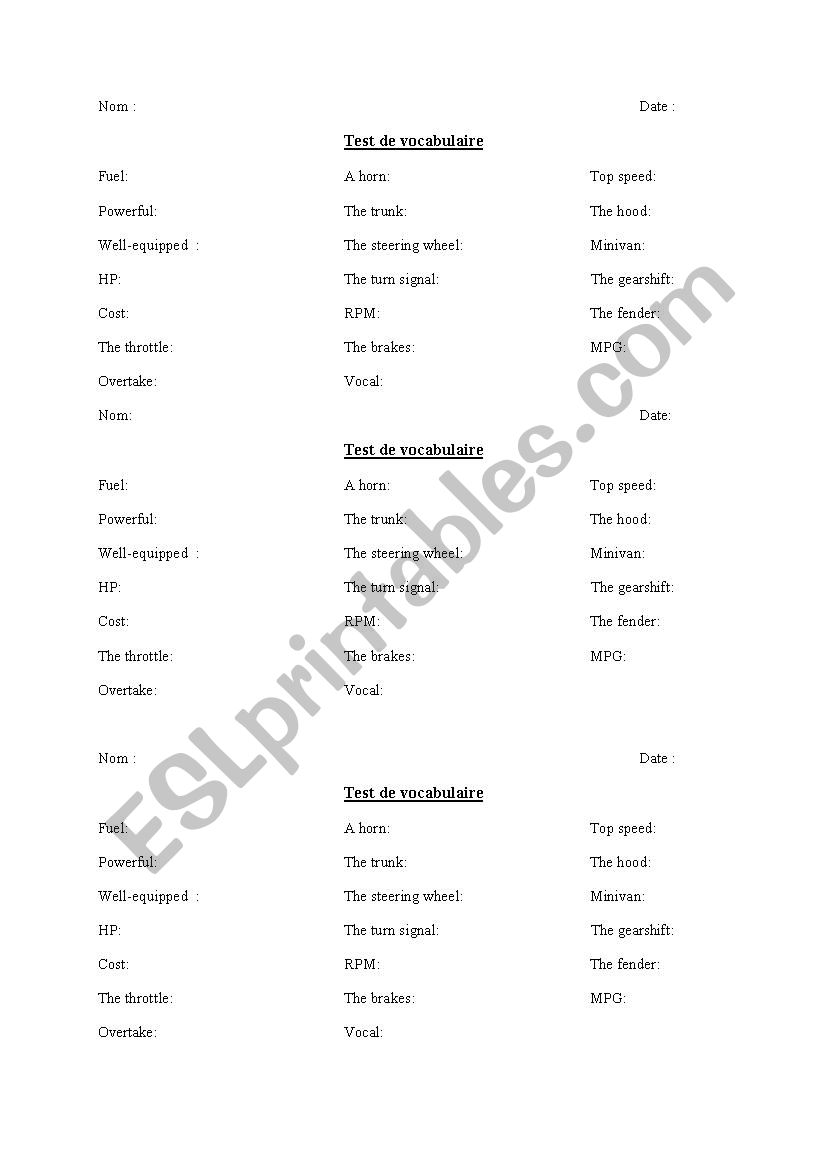 english test on cars worksheet