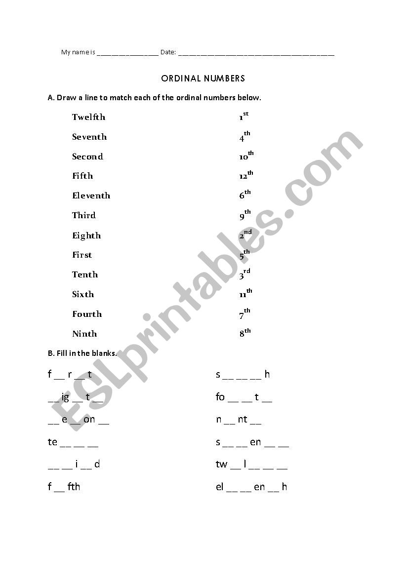 Ordinal numbers worksheet