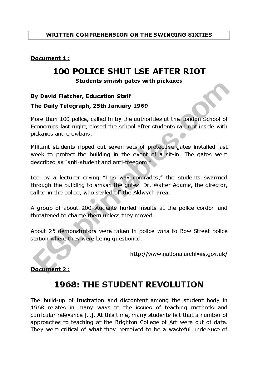 Test : Written Comprehension on Student protests in the 60s