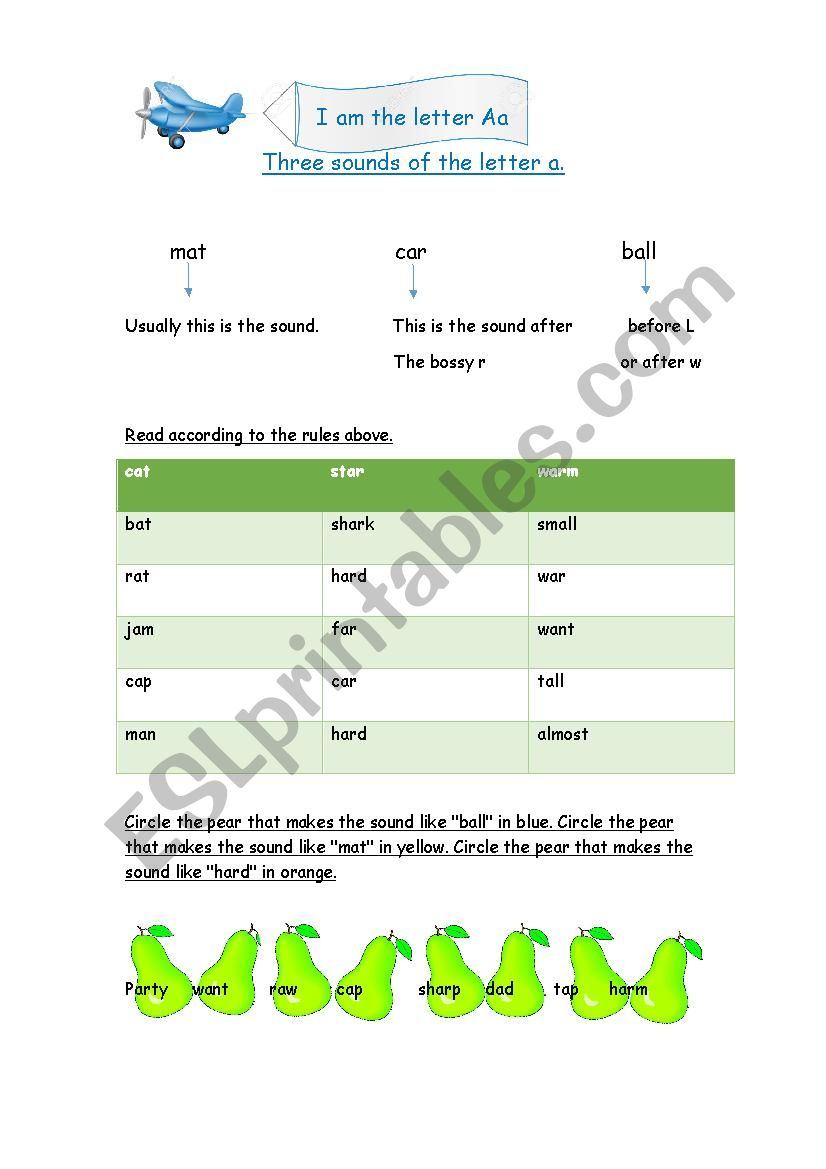The letter A - three sounds worksheet